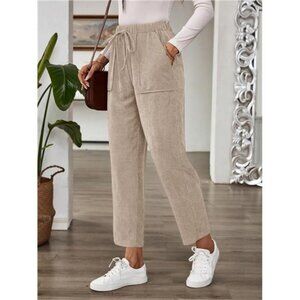 Women Casual Self-Tie Waist Straight Leg Corduroy Long Pants, Autumn